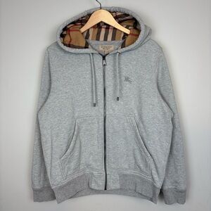 Burberry London Nova Check Zip Up Hoodie Classic Logo Grey Mens Sz M